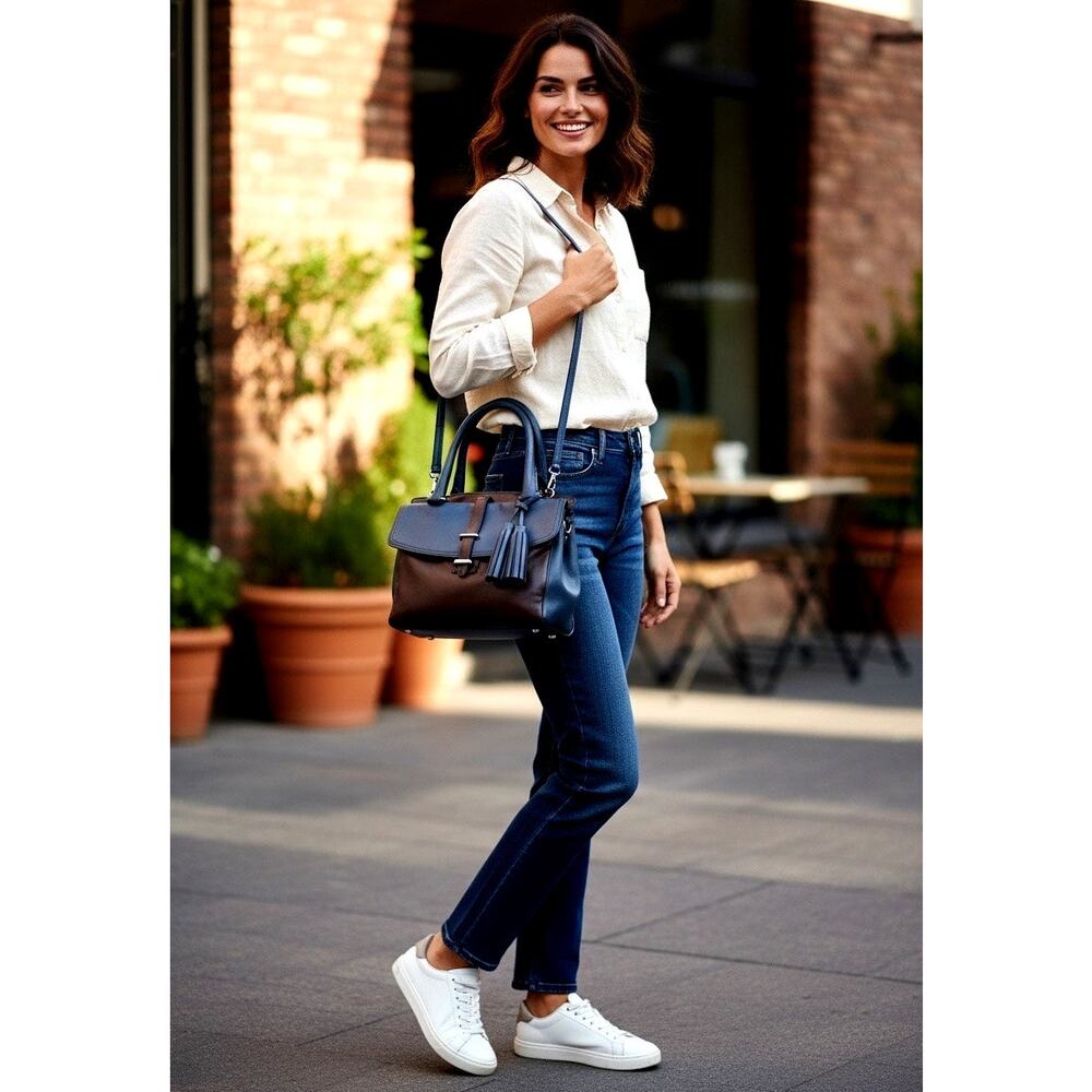 Coach Navy Blue & Brown Leather Two-Way Satchel | Silver Hardware | Dust Bag - Picture 16 of 16